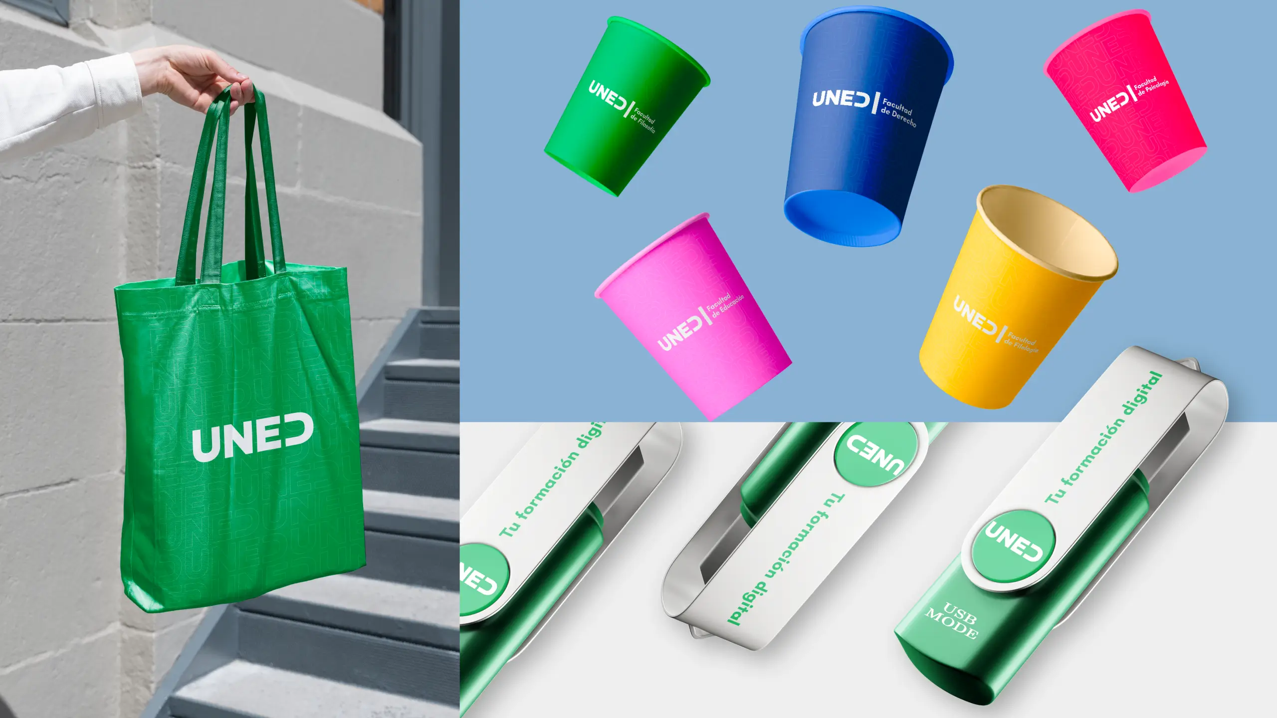 Rediseño de bolsas, tazas de café desechables y dispositivos USB de la UNED